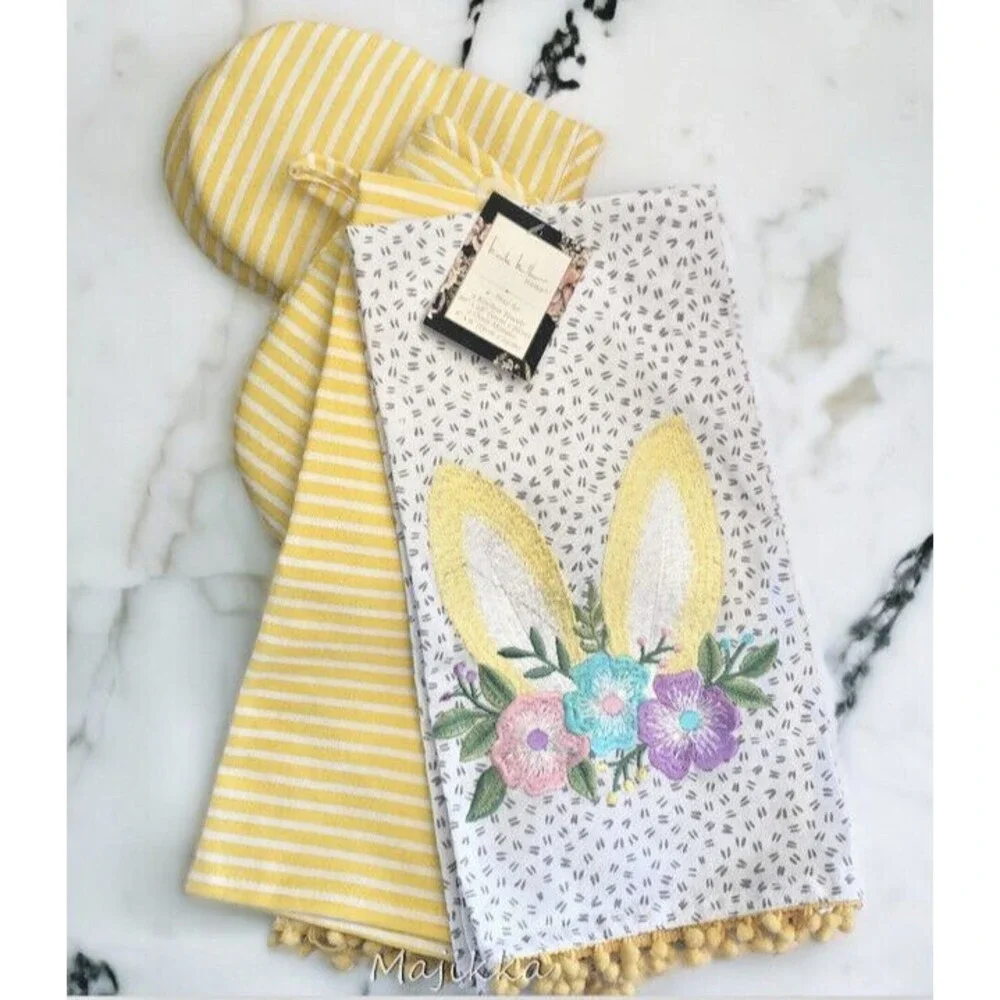 Nicole Miller Dish Towel Mini Oven Mitts Easter Bunny Embroidered Set of 4